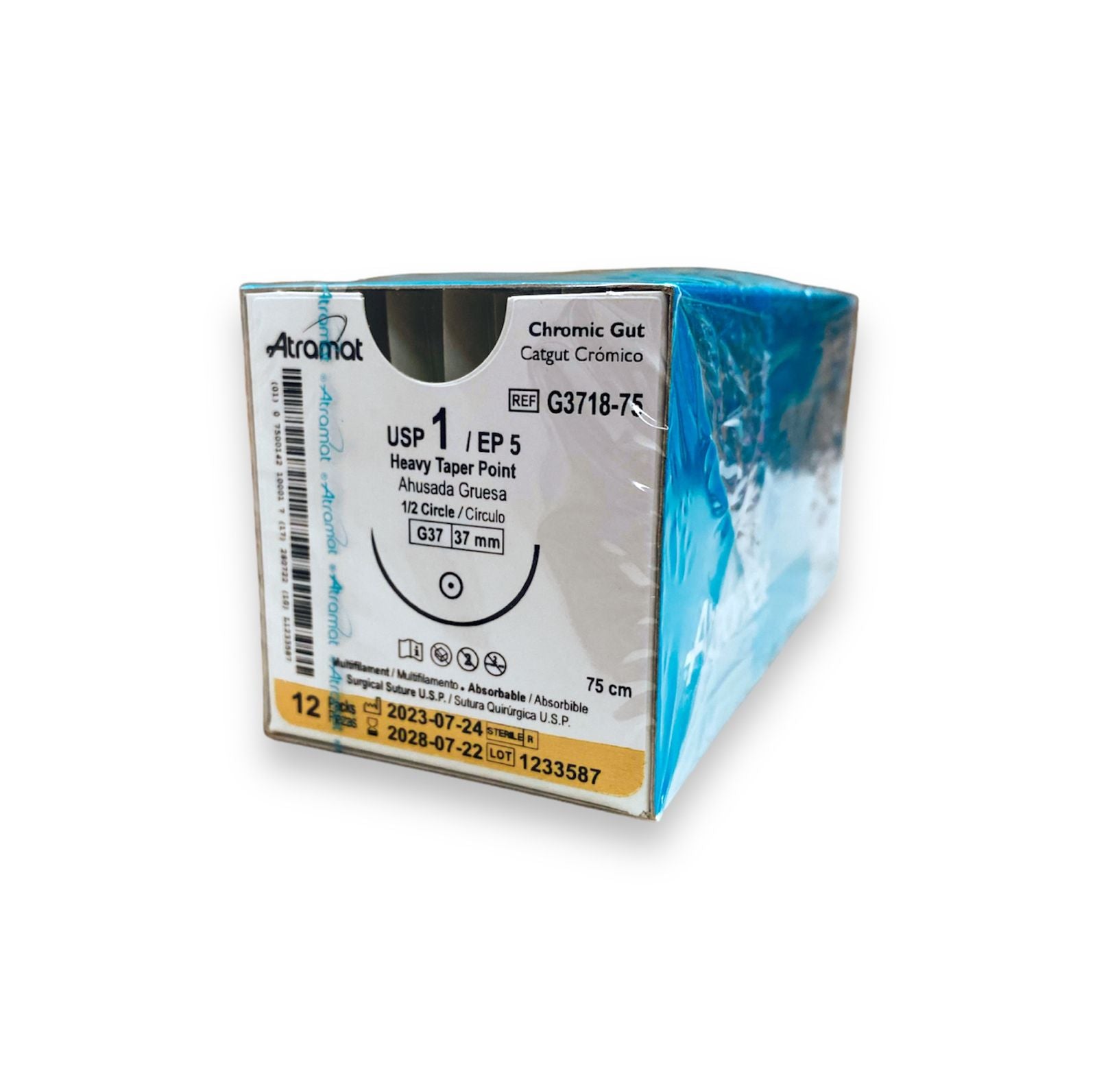 Sutura ATRAMAT Catgut Crómico G3718-75 con aguja G37 de 37 mm y hebra de 75 cm