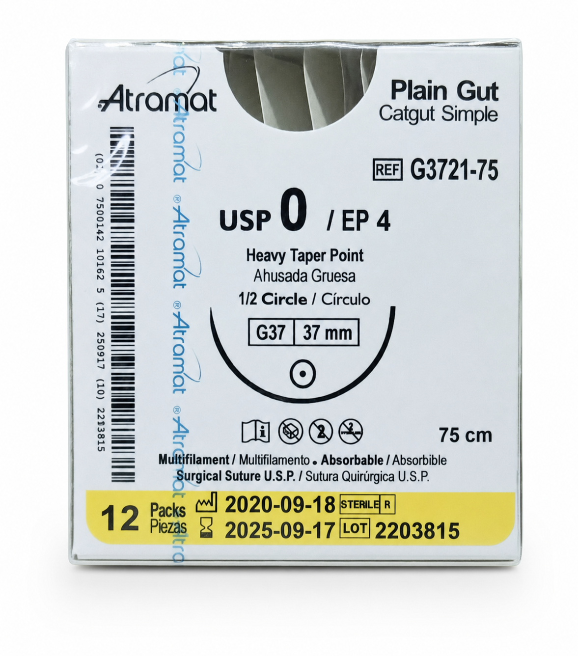 Atramat G3721-75, catgut simple USP 0 de 75 cm con aguja G37 de 37 mm sobre fondo blanco