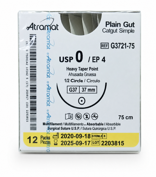 Atramat G3721-75, catgut simple USP 0 de 75 cm con aguja G37 de 37 mm sobre fondo blanco