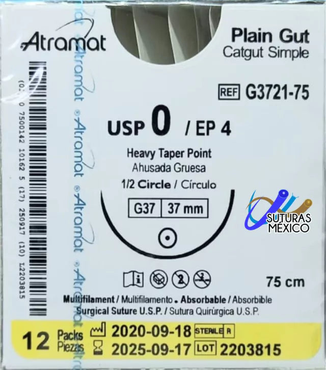 Atramat G3721-75 catgut simple USP 0 con aguja G37 de 37 mm