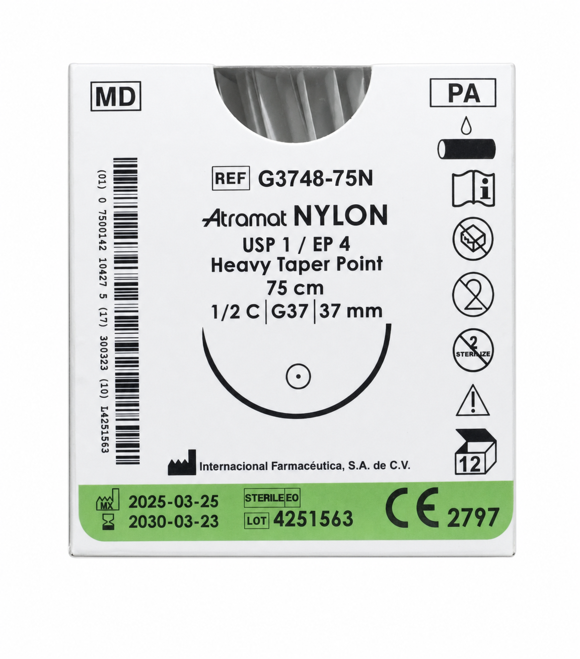 Atramat Nylon G-G3748-75N, sutura no absorbible USP 1 de 75 cm con aguja G37 de 37 mm sobre fondo blanco