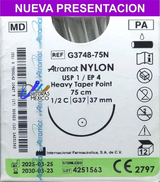 Atramat Nylon G3748-75N sutura no absorbible negra USP 1 de 75 cm con aguja G37 de 37 mm