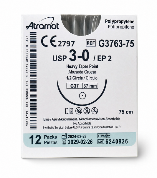 Atramat G3763-75, sutura de polipropileno USP 3-0 de 75 cm con aguja G37 de 37 mm sobre fondo blanco