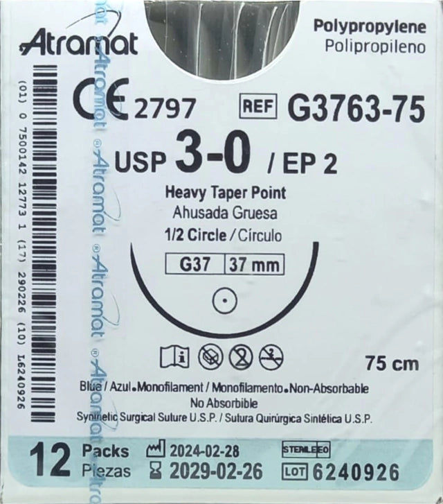 Atramat G3763-75 polipropileno USP 3-0 de 75 cm con aguja G37 ahusada gruesa de 37 mm