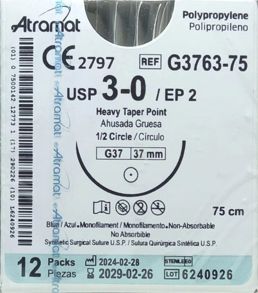 Atramat G3763-75 polipropileno USP 3-0 de 75 cm con aguja G37 ahusada gruesa de 37 mm