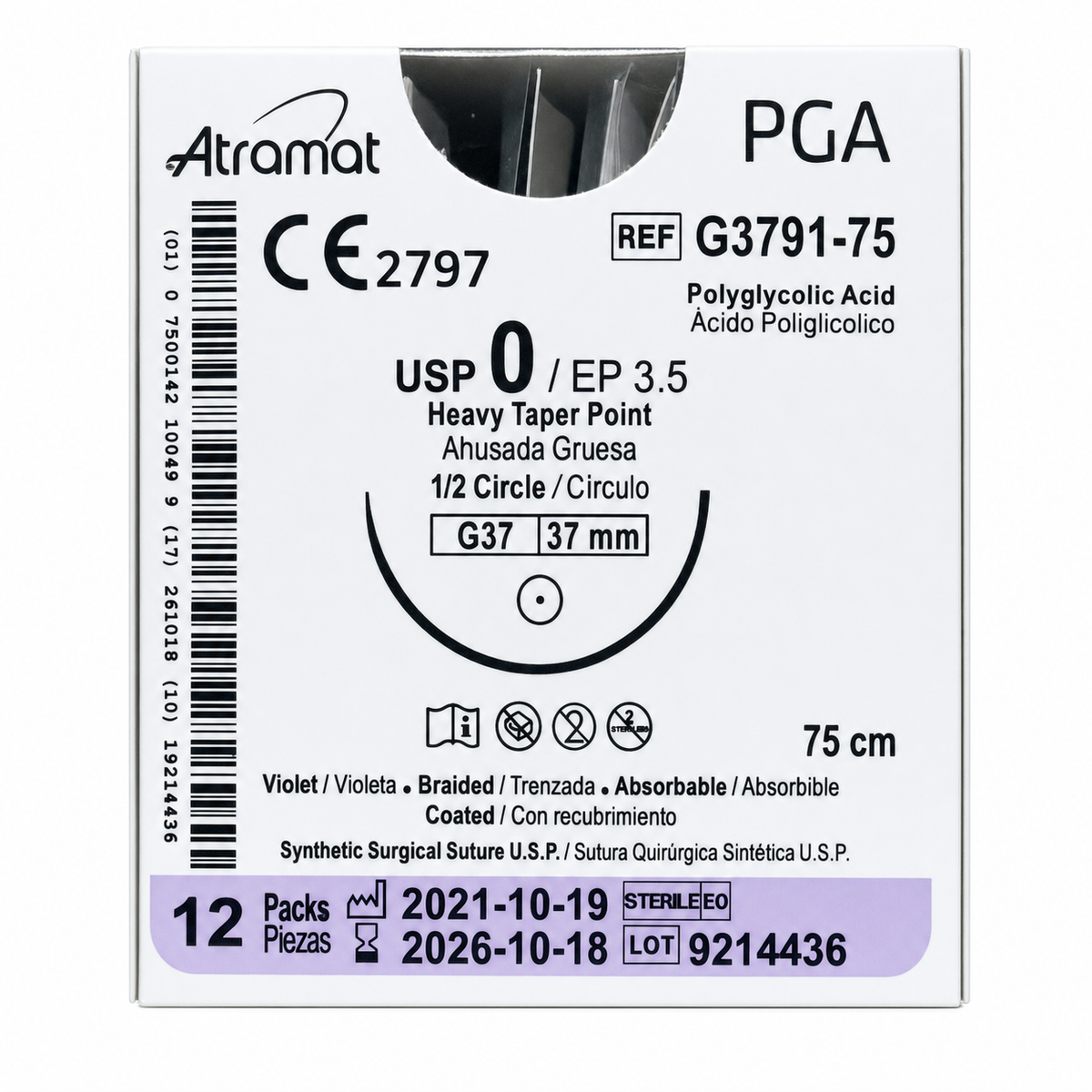 Atramat G3791-75, PGA USP 0 de 75 cm con aguja G37 de 37 mm sobre fondo blanco