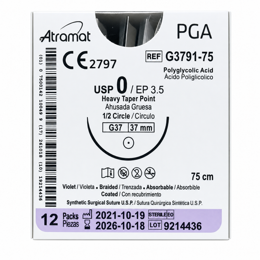 Atramat G3791-75, PGA USP 0 de 75 cm con aguja G37 de 37 mm sobre fondo blanco