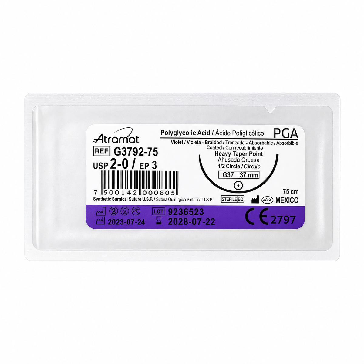 Atramat G3792-75, PGA USP 2-0 de 75 cm con aguja G37 de 37 mm sobre fondo blanco