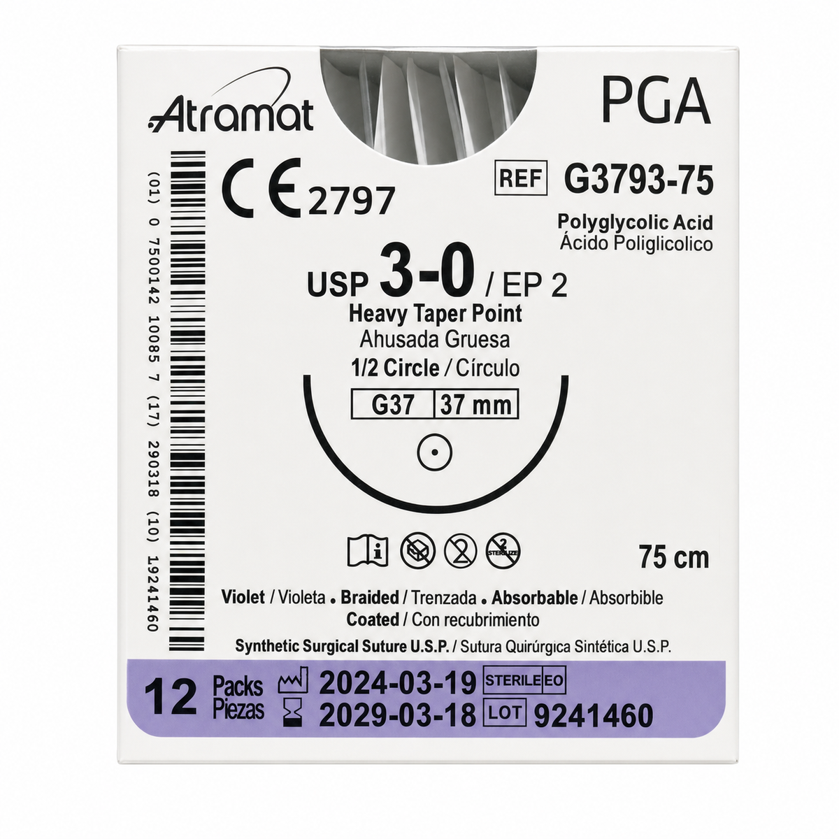 Atramat G3793-75, PGA violeta USP 3-0 de 75 cm con aguja G37 de 37 mm sobre fondo blanco