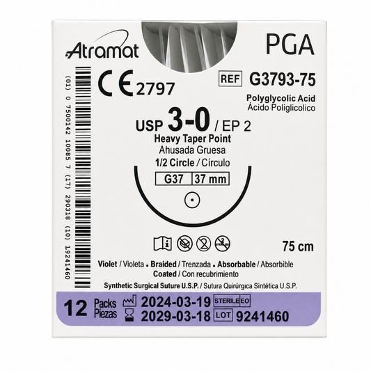 Atramat G3793-75, PGA violeta USP 3-0 de 75 cm con aguja G37 de 37 mm sobre fondo blanco