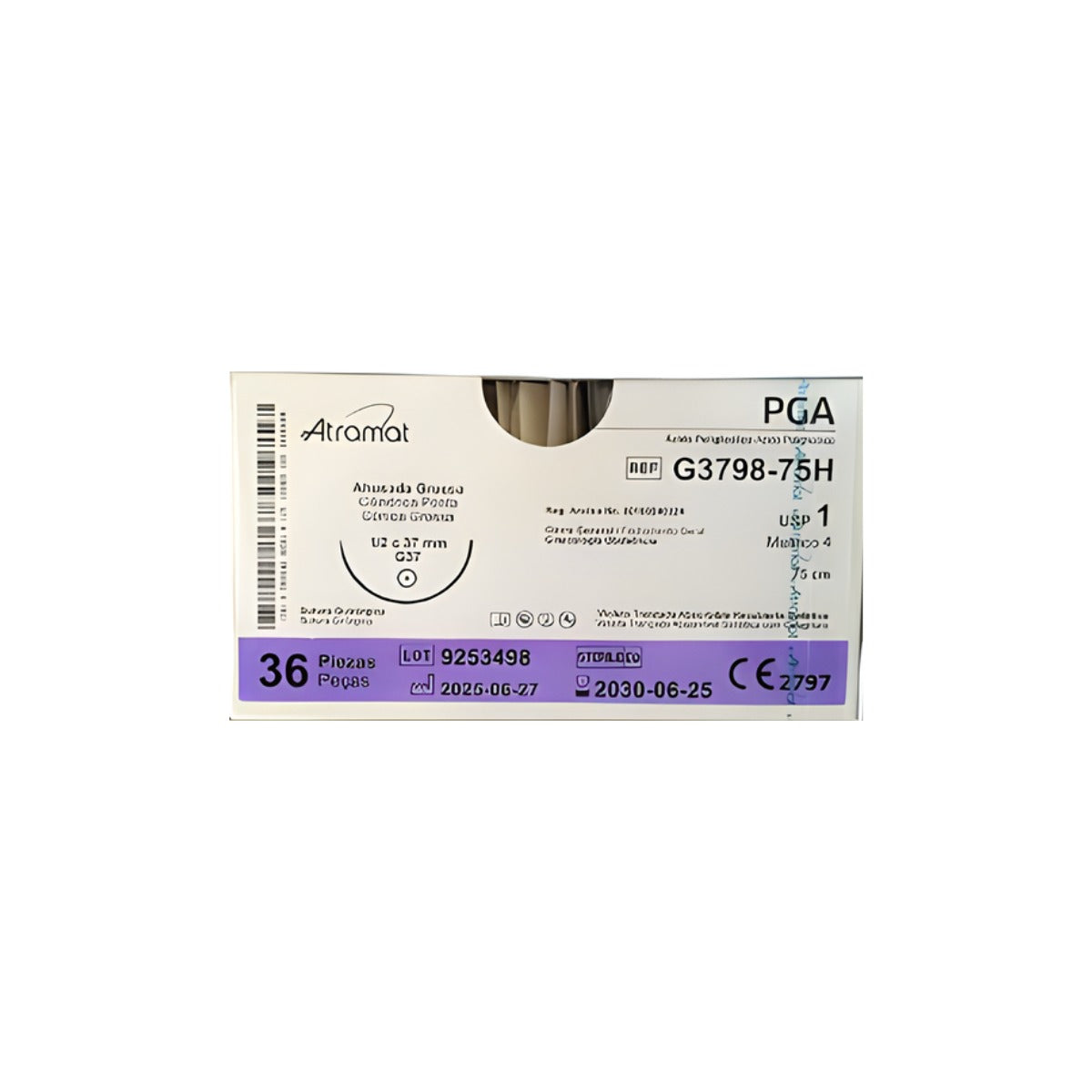 Atramat G3798-75 PGA poliglicólico USP 1, hebra de 75 cm, aguja G37 de 37 mm, 1/2 círculo