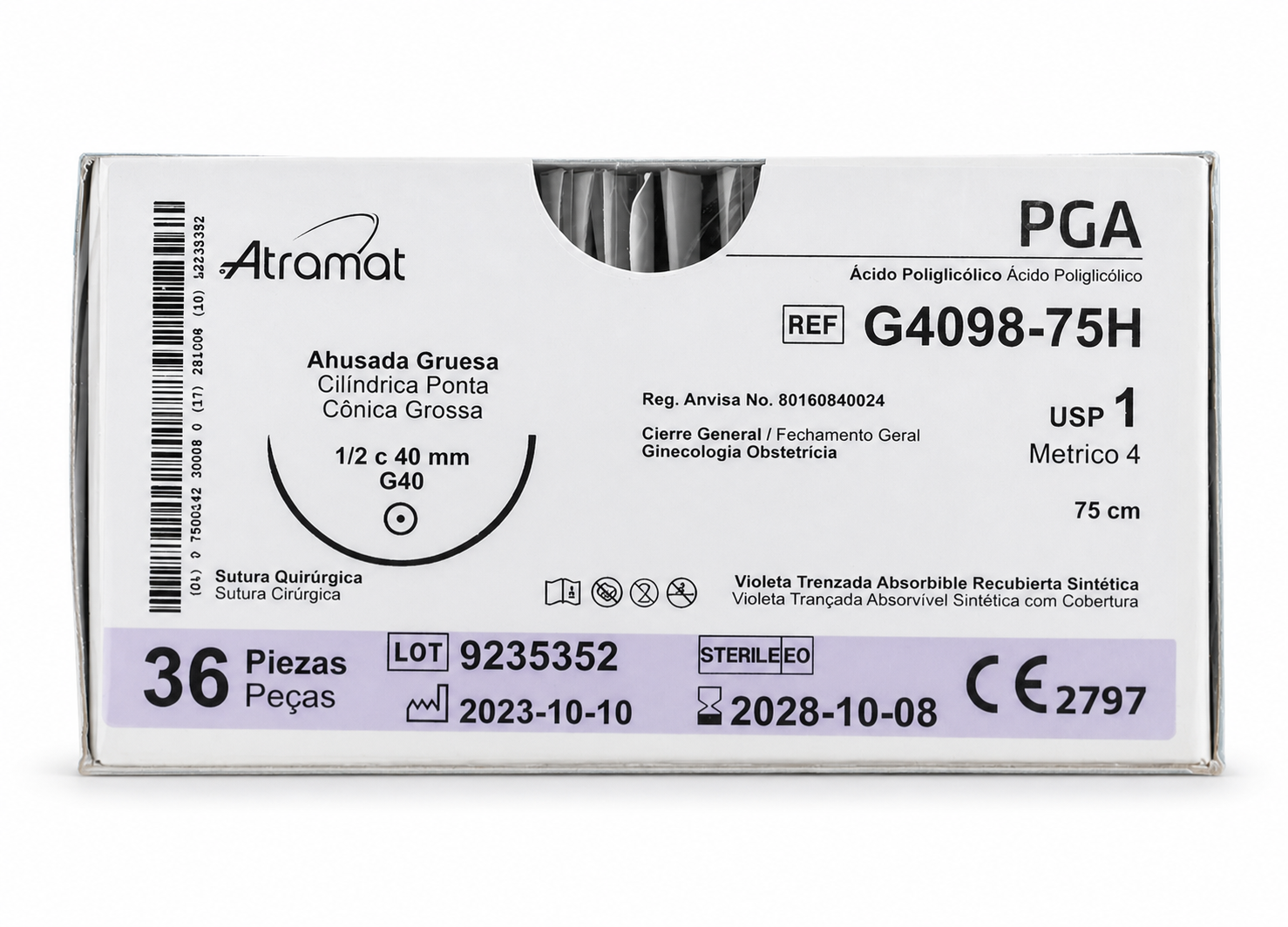 Atramat G4098-75, sutura PGA USP 1 de 75 cm con aguja G40 de 40 mm sobre fondo blanco