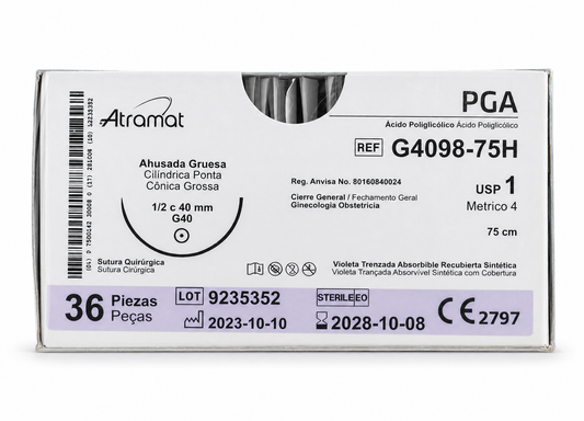 Atramat G4098-75, sutura PGA USP 1 de 75 cm con aguja G40 de 40 mm sobre fondo blanco