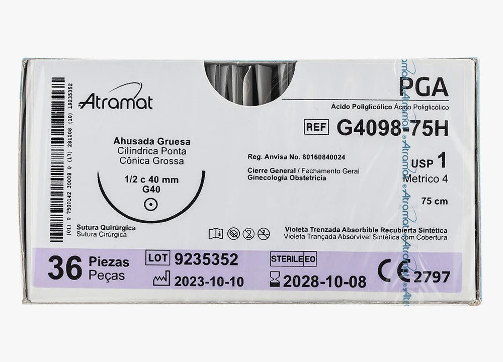 Atramat G4098-75 PGA violeta USP 1, hebra de 75 cm, aguja G40 de 40 mm, 1/2 círculo