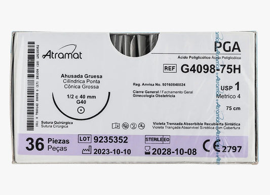 Atramat G4098-75 PGA violeta USP 1, hebra de 75 cm, aguja G40 de 40 mm, 1/2 círculo
