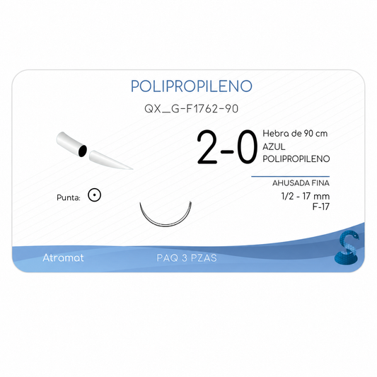 Atramat G-F1762-90, polipropileno azul USP 2-0 de 90 cm con aguja F-17 de 17 mm sobre fondo blanco