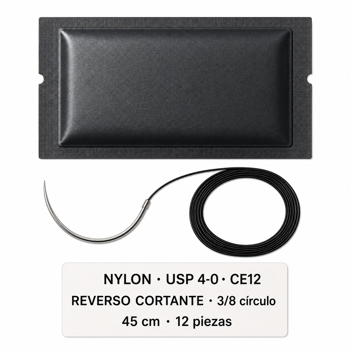 Imagen ilustrativa optimizada: Atramat Nylon USP 4-0 CE12 con aguja reverso cortante, 45 cm, 3/8 de círculo, 12 piezas, sobre fondo blanco