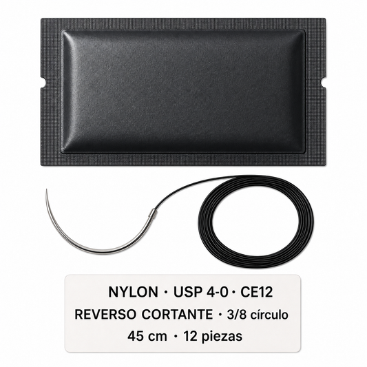 Imagen ilustrativa optimizada: Atramat Nylon USP 4-0 CE12 con aguja reverso cortante, 45 cm, 3/8 de círculo, 12 piezas, sobre fondo blanco