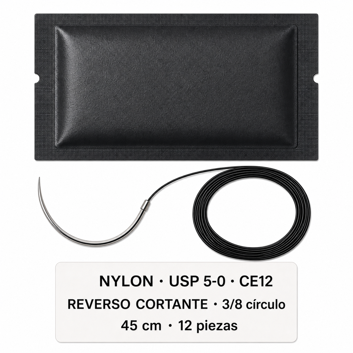 Imagen ilustrativa optimizada: Atramat Nylon USP 5-0 CE12 con aguja reverso cortante, 45 cm, 3/8 de círculo, 12 piezas, sobre fondo blanco