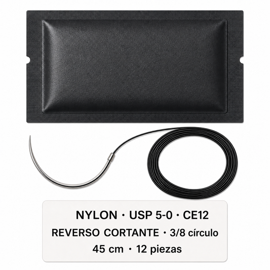 Imagen ilustrativa optimizada: Atramat Nylon USP 5-0 CE12 con aguja reverso cortante, 45 cm, 3/8 de círculo, 12 piezas, sobre fondo blanco