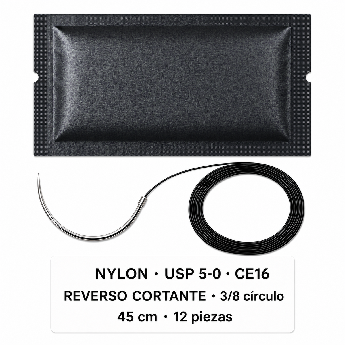 Imagen ilustrativa optimizada: Atramat Nylon USP 5-0 CE16 con aguja reverso cortante, 45 cm, 3/8 de círculo, 12 piezas, sobre fondo blanco