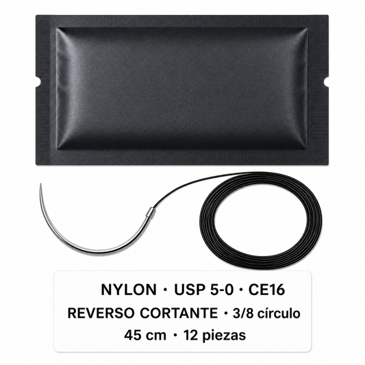 Imagen ilustrativa optimizada: Atramat Nylon USP 5-0 CE16 con aguja reverso cortante, 45 cm, 3/8 de círculo, 12 piezas, sobre fondo blanco