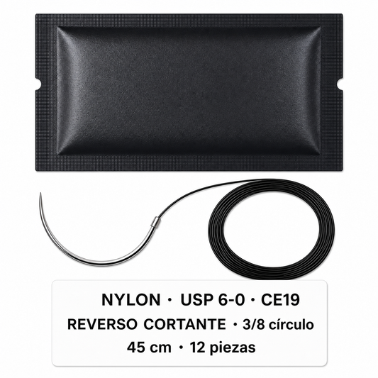 Imagen ilustrativa optimizada: Atramat Nylon USP 6-0 CE19 con aguja reverso cortante, 45 cm, 3/8 de círculo, 12 piezas, sobre fondo blanco