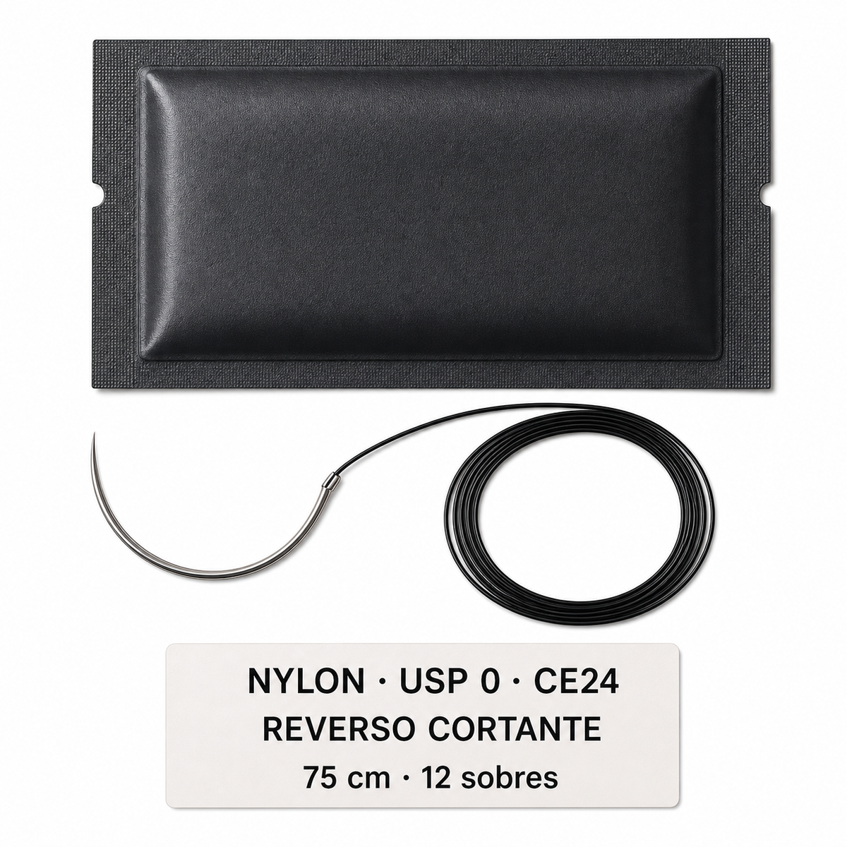 Imagen ilustrativa optimizada: Atramat Nylon USP 0 CE24 de 75 cm con aguja reverso cortante, 12 sobres, sobre fondo blanco