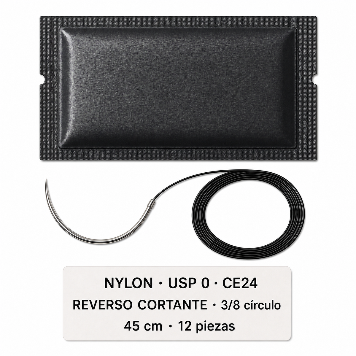 Imagen ilustrativa optimizada: Atramat Nylon USP 0 CE24 con aguja reverso cortante, 45 cm, 3/8 de círculo, 12 piezas, sobre fondo blanco