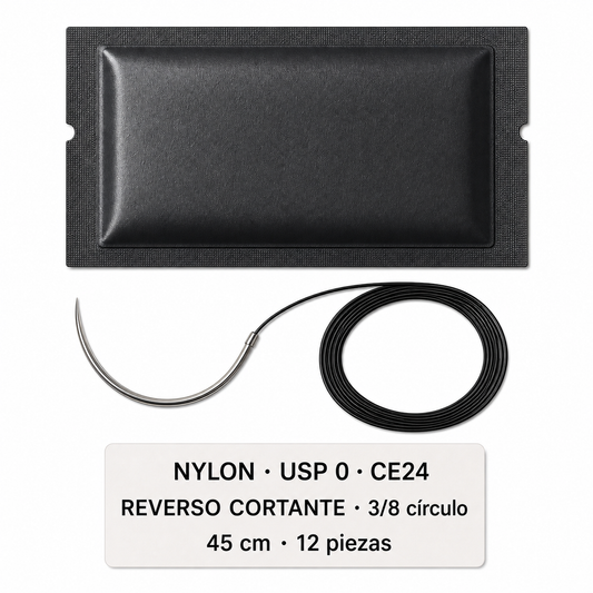 Imagen ilustrativa optimizada: Atramat Nylon USP 0 CE24 con aguja reverso cortante, 45 cm, 3/8 de círculo, 12 piezas, sobre fondo blanco