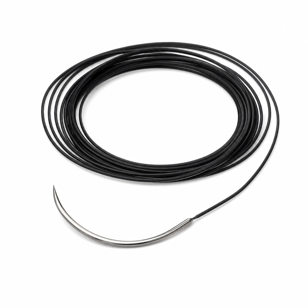 Imagen optimizada: Atramat Nylon negro USP 2-0 con aguja CE24 curva de 3/8 de círculo, presentación ilustrativa sobre fondo blanco