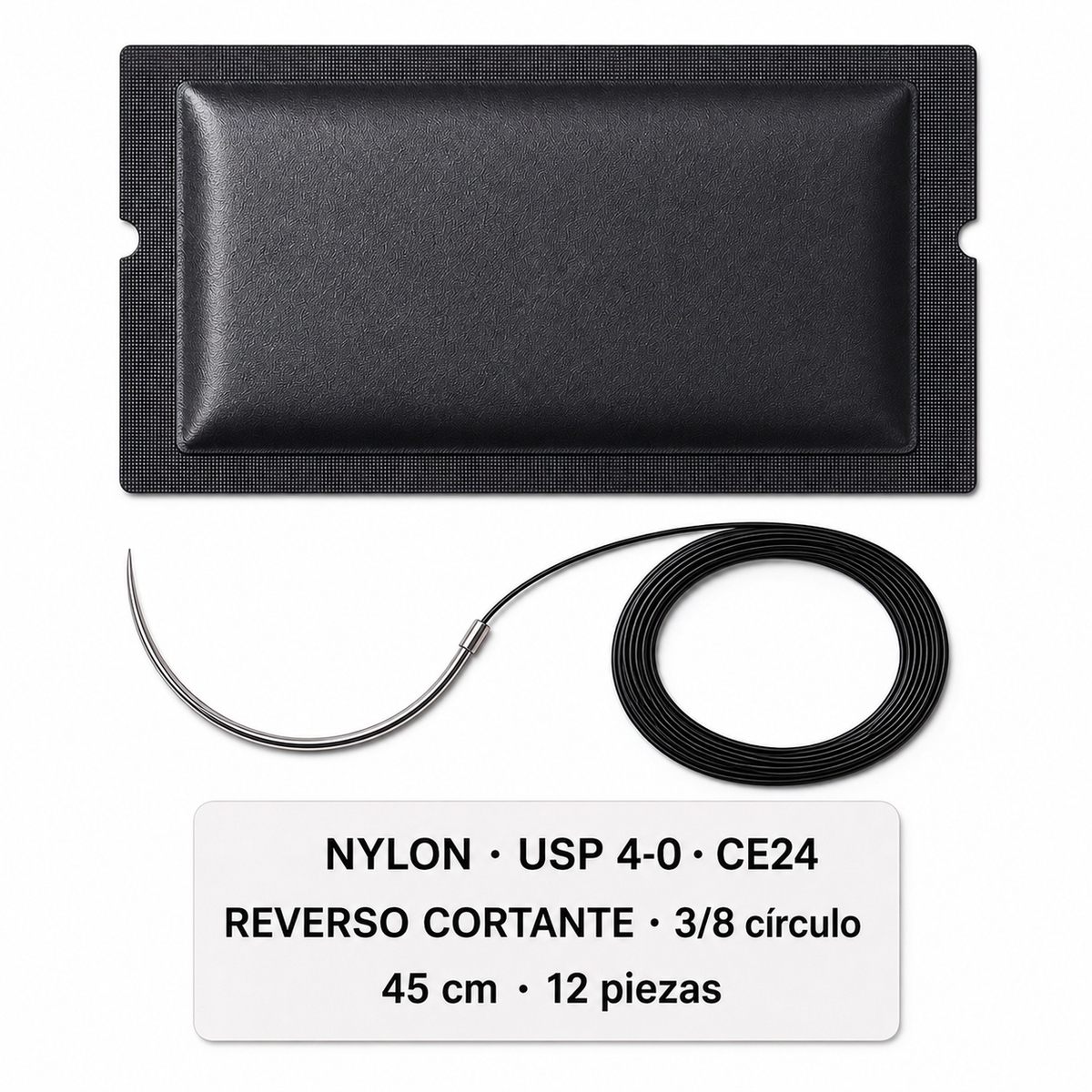 Imagen ilustrativa optimizada: Atramat Nylon USP 4-0 CE24 con aguja reverso cortante, 45 cm, 3/8 de círculo, 12 piezas, sobre fondo blanco
