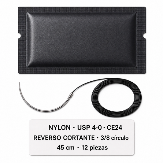 Imagen ilustrativa optimizada: Atramat Nylon USP 4-0 CE24 con aguja reverso cortante, 45 cm, 3/8 de círculo, 12 piezas, sobre fondo blanco