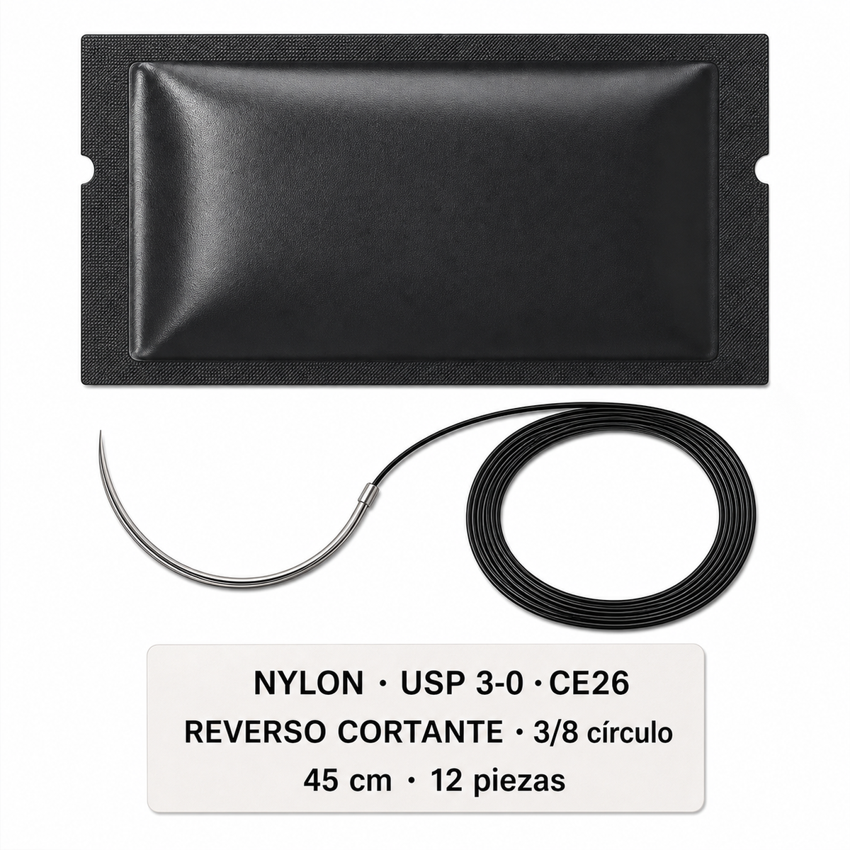 Imagen ilustrativa optimizada: Atramat Nylon USP 3-0 CE26 con aguja reverso cortante, 45 cm, 3/8 de círculo, 12 piezas, sobre fondo blanco