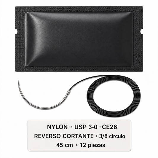 Imagen ilustrativa optimizada: Atramat Nylon USP 3-0 CE26 con aguja reverso cortante, 45 cm, 3/8 de círculo, 12 piezas, sobre fondo blanco