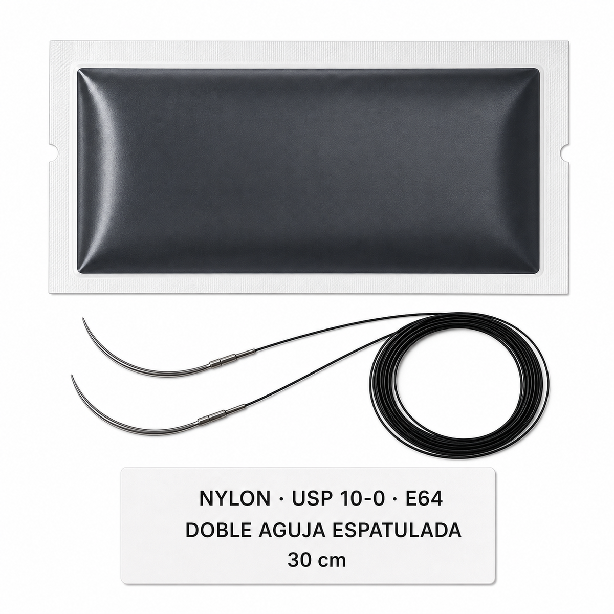 Imagen ilustrativa optimizada: Atramat Nylon USP 10-0 E64 con doble aguja espatulada, 30 cm, sobre fondo blanco