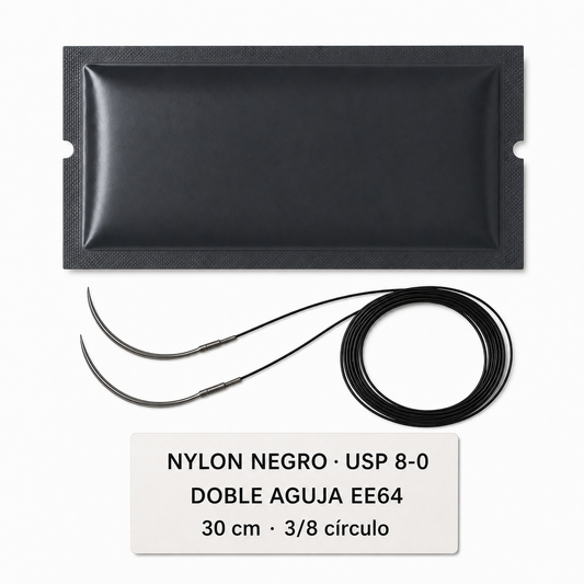 Imagen ilustrativa optimizada: Atramat Nylon negro USP 8-0 con doble aguja EE64, 30 cm, 3/8 de círculo, sobre fondo blanco
