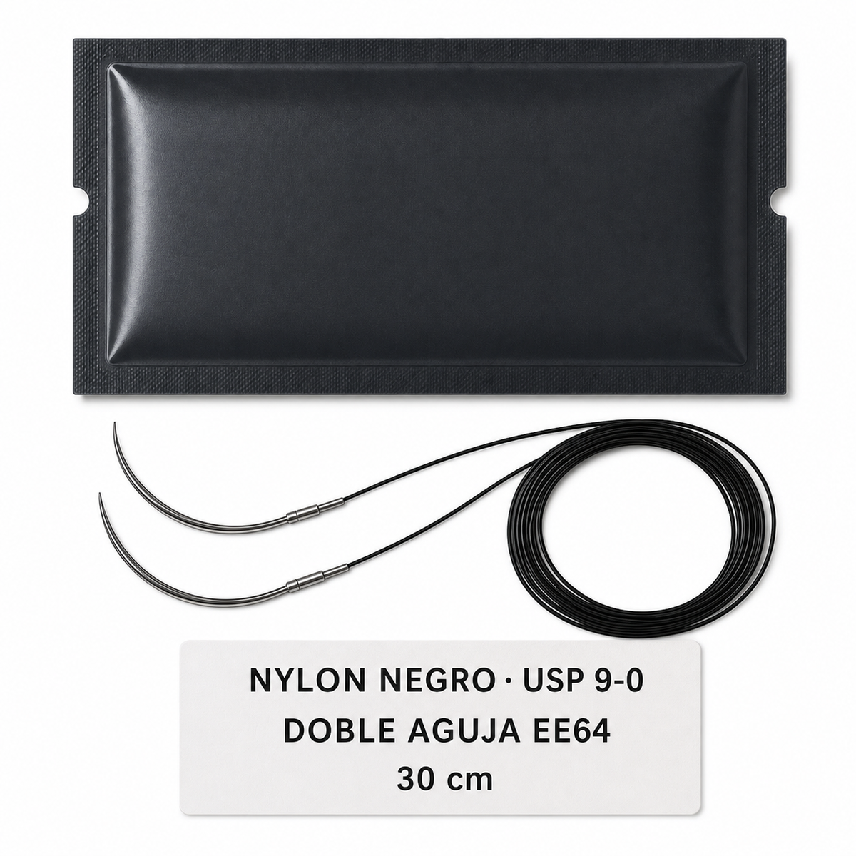 Imagen ilustrativa optimizada: Atramat Nylon negro USP 9-0 con doble aguja EE64, 30 cm, sobre fondo blanco