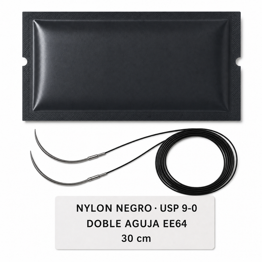 Imagen ilustrativa optimizada: Atramat Nylon negro USP 9-0 con doble aguja EE64, 30 cm, sobre fondo blanco