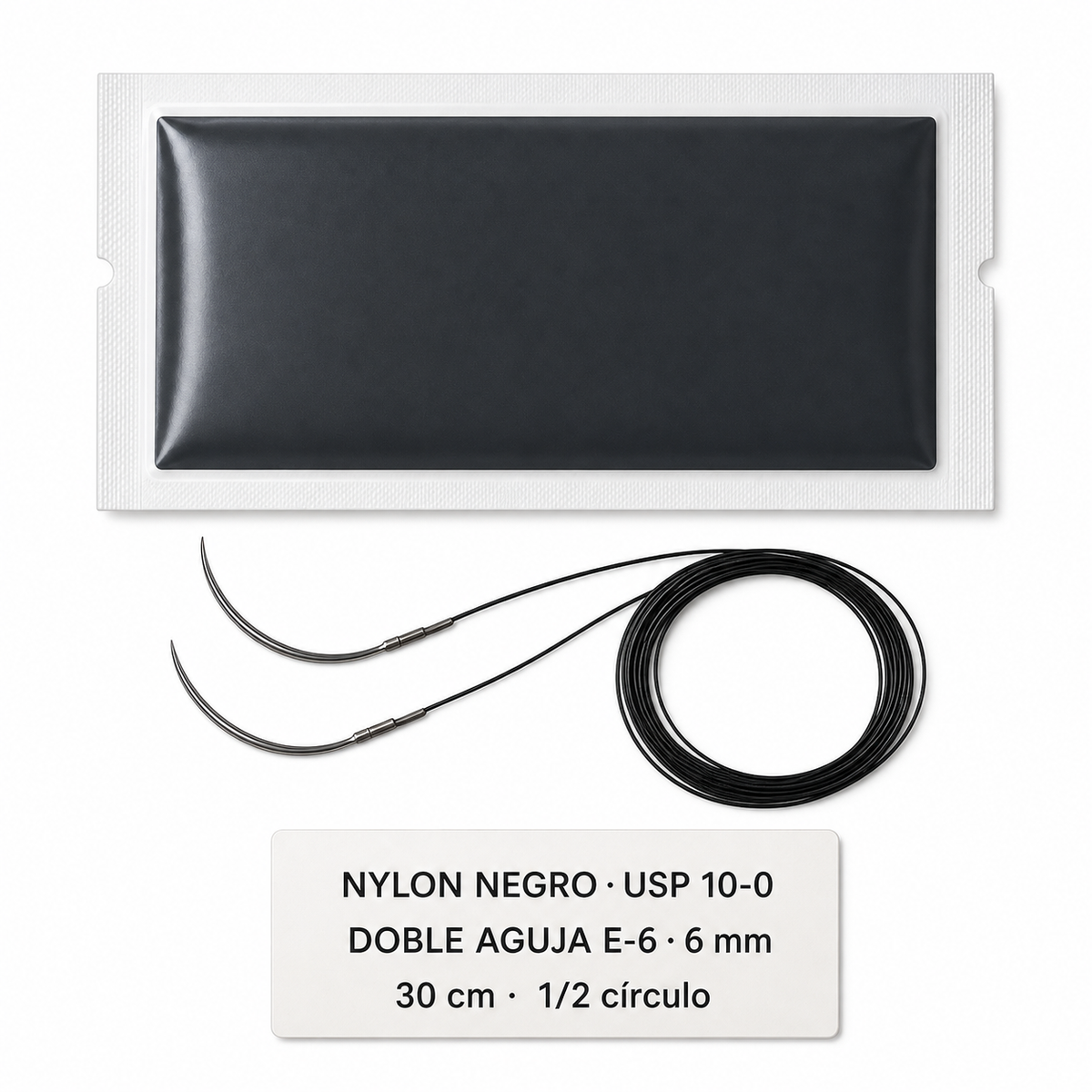 Imagen ilustrativa optimizada: Atramat Nylon negro USP 10-0 con doble aguja E-6 de 6 mm, 30 cm, sobre fondo blanco