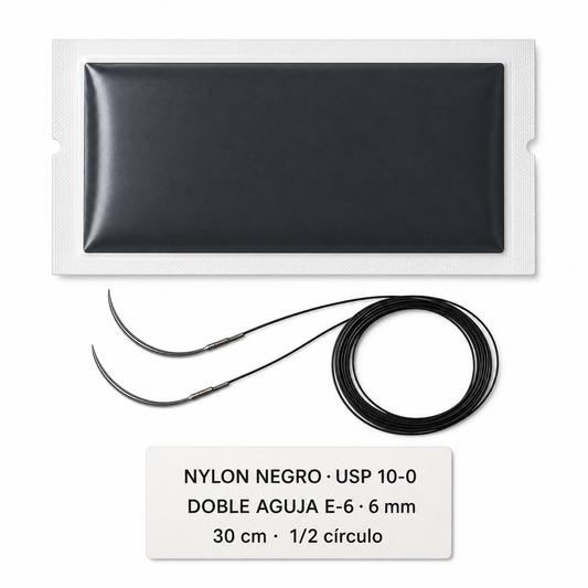Imagen ilustrativa optimizada: Atramat Nylon negro USP 10-0 con doble aguja E-6 de 6 mm, 30 cm, sobre fondo blanco