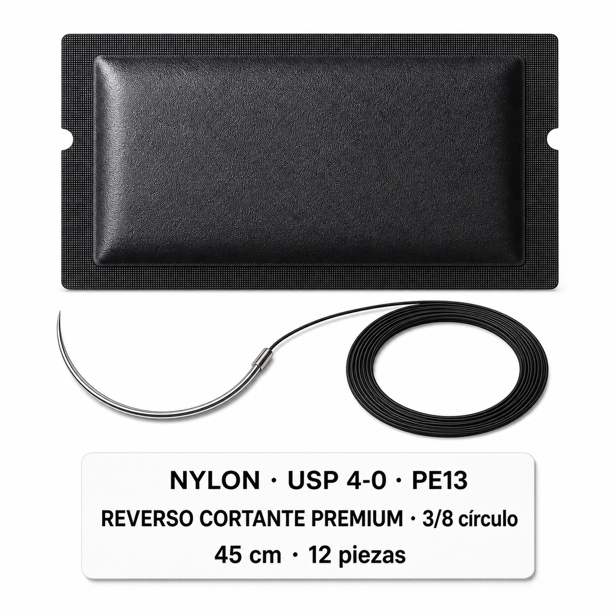 Imagen ilustrativa optimizada: Atramat Nylon USP 4-0 PE13 con aguja reverso cortante premium, 45 cm, 3/8 de círculo, 12 piezas, sobre fondo blanco