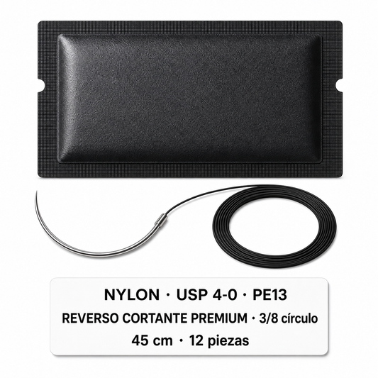 Imagen ilustrativa optimizada: Atramat Nylon USP 4-0 PE13 con aguja reverso cortante premium, 45 cm, 3/8 de círculo, 12 piezas, sobre fondo blanco