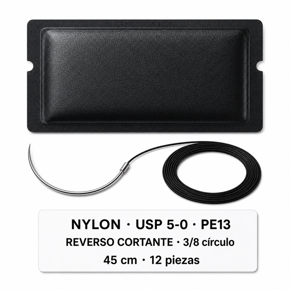 Imagen ilustrativa optimizada: Atramat Nylon USP 5-0 PE13 con aguja reverso cortante, 45 cm, 3/8 de círculo, 12 piezas, sobre fondo blanco