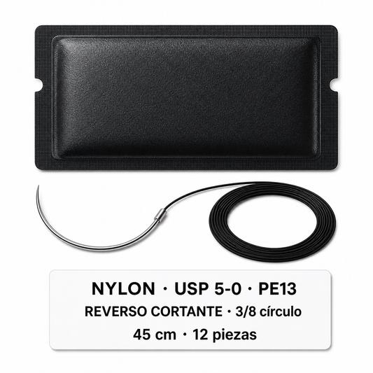 Imagen ilustrativa optimizada: Atramat Nylon USP 5-0 PE13 con aguja reverso cortante, 45 cm, 3/8 de círculo, 12 piezas, sobre fondo blanco