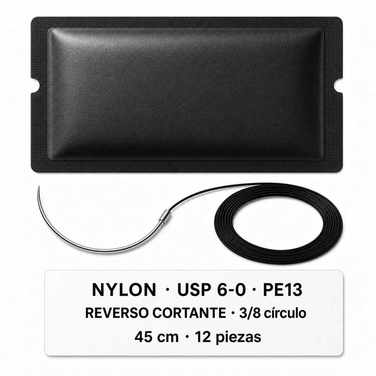 Imagen ilustrativa optimizada: Atramat Nylon USP 6-0 PE13 con aguja reverso cortante, 45 cm, 3/8 de círculo, 12 piezas, sobre fondo blanco