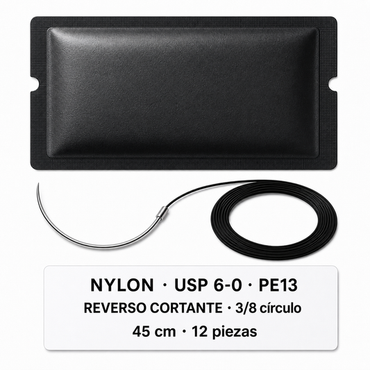 Imagen ilustrativa optimizada: Atramat Nylon USP 6-0 PE13 con aguja reverso cortante, 45 cm, 3/8 de círculo, 12 piezas, sobre fondo blanco