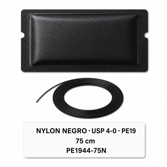 Imagen ilustrativa optimizada: Atramat Nylon negro USP 4-0 PE19 de 75 cm, referencia PE1944-75N, sobre fondo blanco