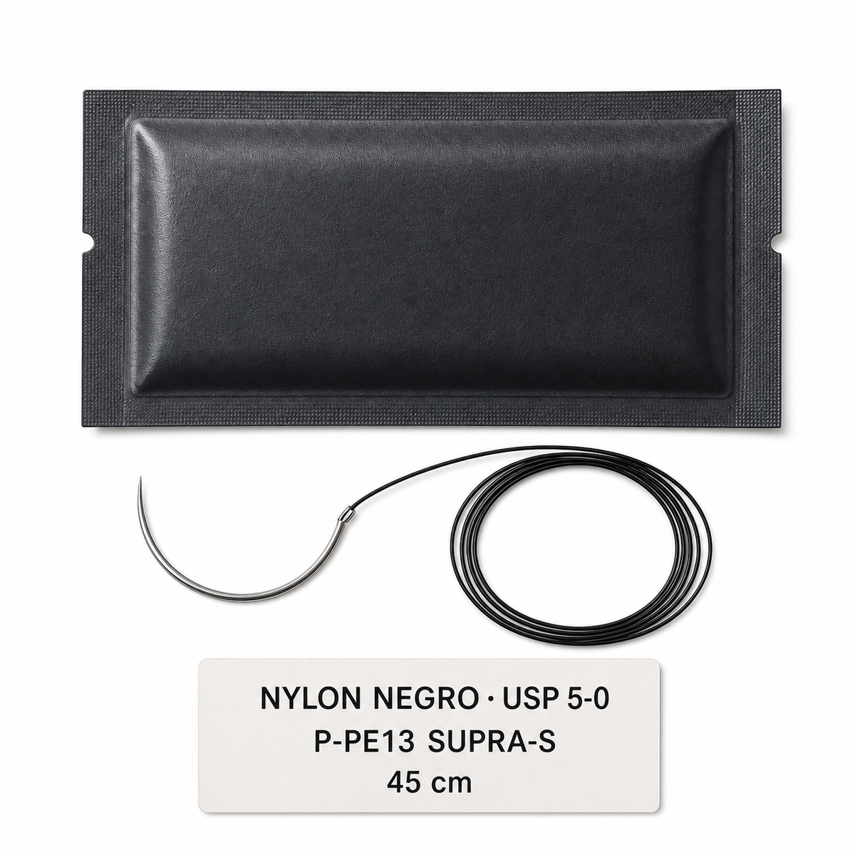 Imagen ilustrativa optimizada: Atramat Nylon negro USP 5-0 con aguja P-PE13 Supra-S, 45 cm, sobre fondo blanco