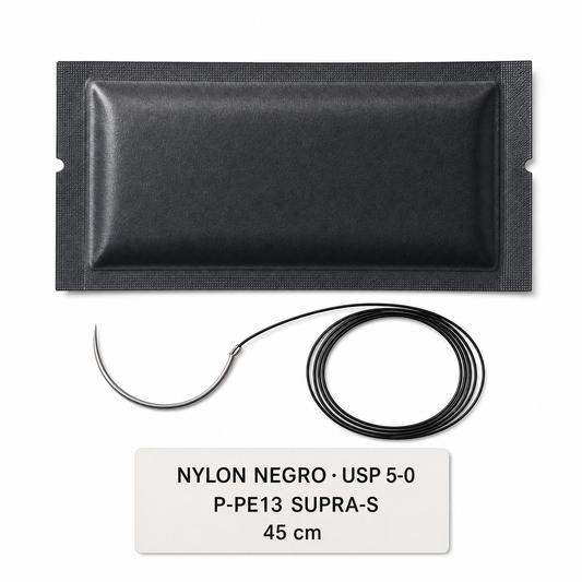Imagen ilustrativa optimizada: Atramat Nylon negro USP 5-0 con aguja P-PE13 Supra-S, 45 cm, sobre fondo blanco